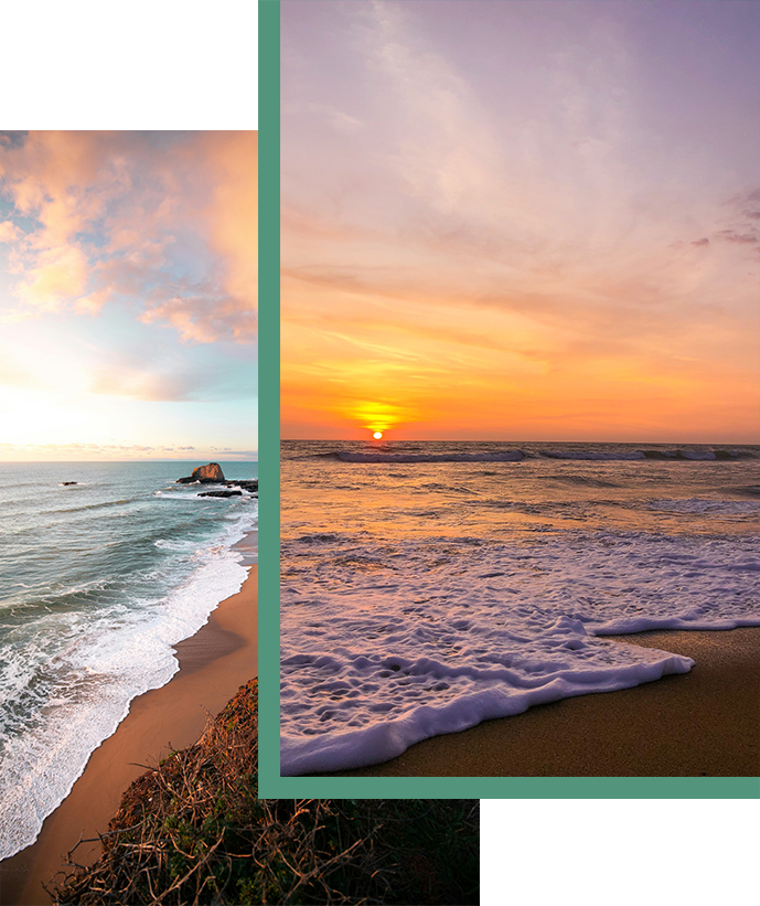 A beach with waves and the sun setting in the background.