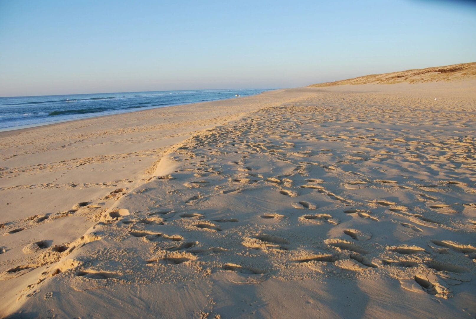 A sandy beach with footprints in the sand.